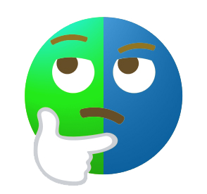 Thoughtful emoji with a divided green and blue face, representing contemplation and decision-making for image resources.
